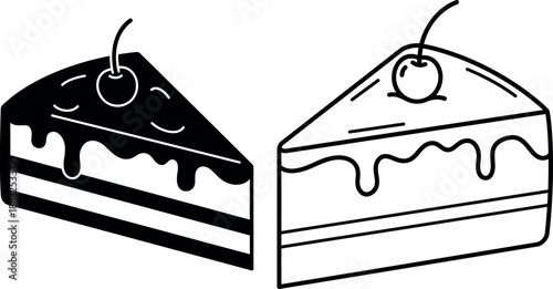 Two slices of cake with cherries and icing decoration