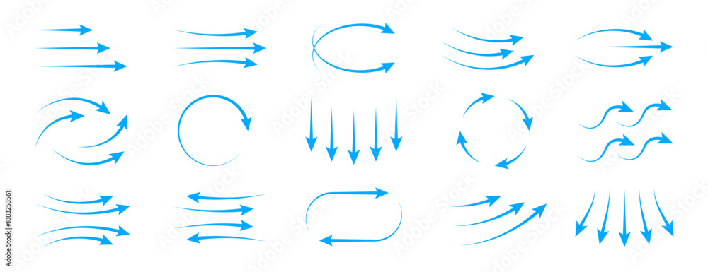 Fototapeta premium Set of light blue vector arrow icons illustrating air flow, wind direction, or water currents vector elements