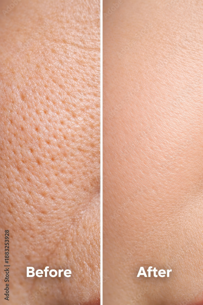 Fototapeta premium Skin aging vs after collagen boost close up female cheek pore before after comparison smooth texture skincare result pore refine treatment glow youthful repair healthy change concept facial