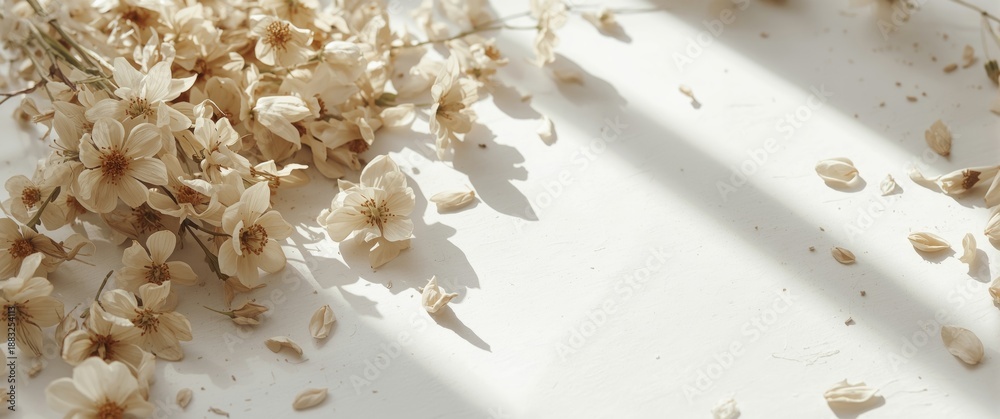 Fototapeta premium Empty white backdrop featuring beige dried flowers and room for text