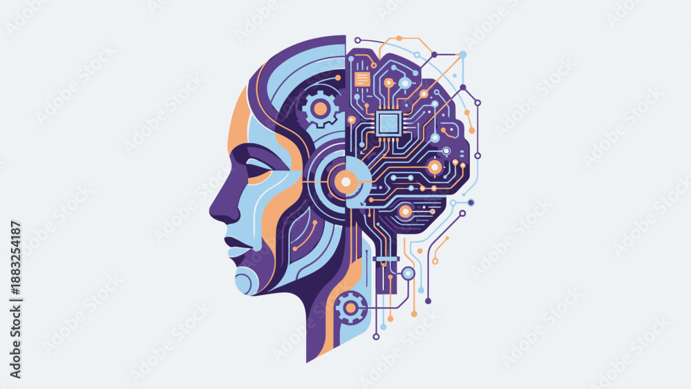 Fototapeta premium Artificial intelligence concept with human head and digital brain illustration.