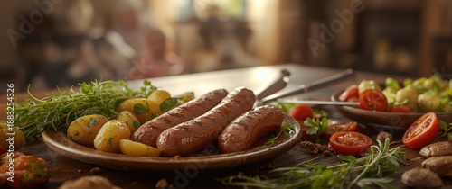Grilled sausages served wit...