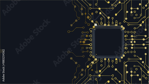Golden electronic circuit pattern on dark background
