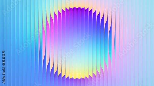 Fractal glass texture with soft circular pastel neon gradient glowing through translucent waves. Futuristic reeded glass surface with luminous circular gradient for creative visual projects. 3d render