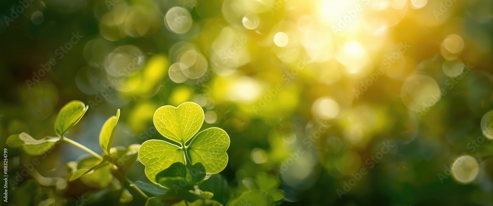 Fototapeta premium Vibrant textured lighting design over a blurry green botanic background with holiday-themed light flares and clover leaves shapes for bokeh