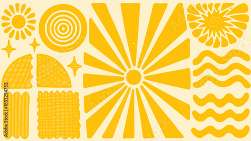 Retro sun shape illustration featuring thick rays and geometric patterns