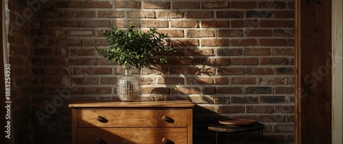 Vase holding green plant on...