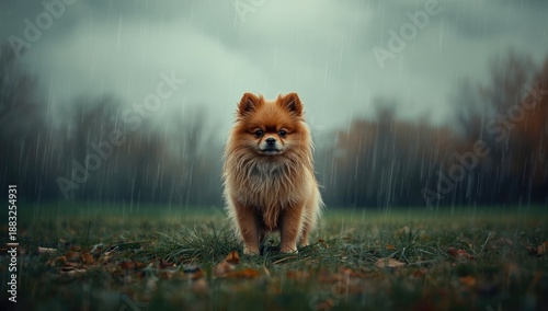 Sad small dog in rain, damp...