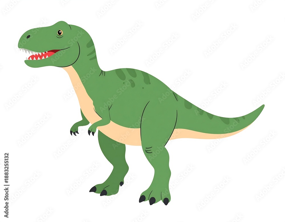 Obraz premium A friendly illustration shows a green cartoon Tyrannosaurus Rex in a side-facing pose. It has a big smile and small arms