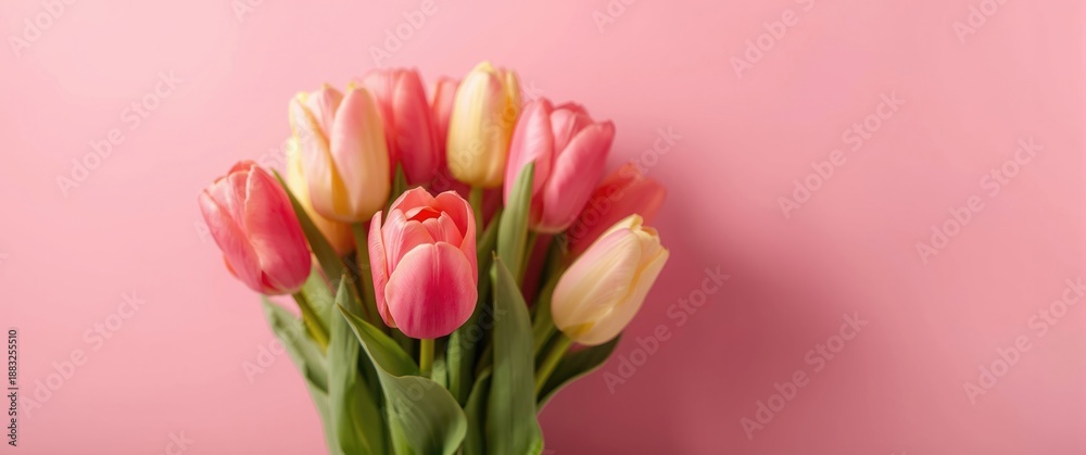 Obraz premium Tulips on a pink background seen from above
