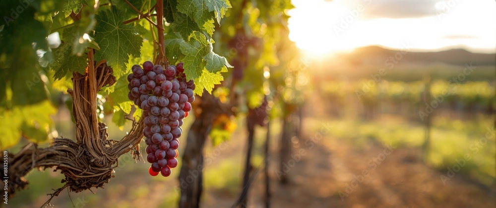 Obraz premium Ripe Red Wine Grapes in Large Clusters on Ancient Vines