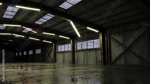 Obraz na plátně Empty huge abandoned warehouse in the evening