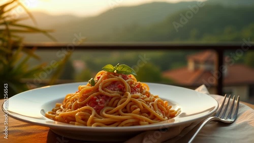 Delicious Spaghetti Bolognese Served Outdoors with a Scenic Mountain View at Sunset.