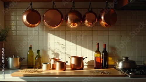 Rustic Kitchen Interior with Copper Pots and Pans Hanging Above a Wooden Countertop Bathed in Warm Sunlight.