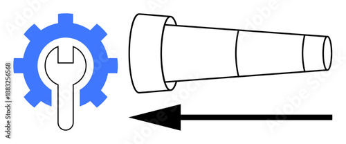 Engineering concept. Engineering tools with gear and wrench alongside a telescope and directional arrow. Engineering ideas, mechanical design, or planning. For industry, automation, education