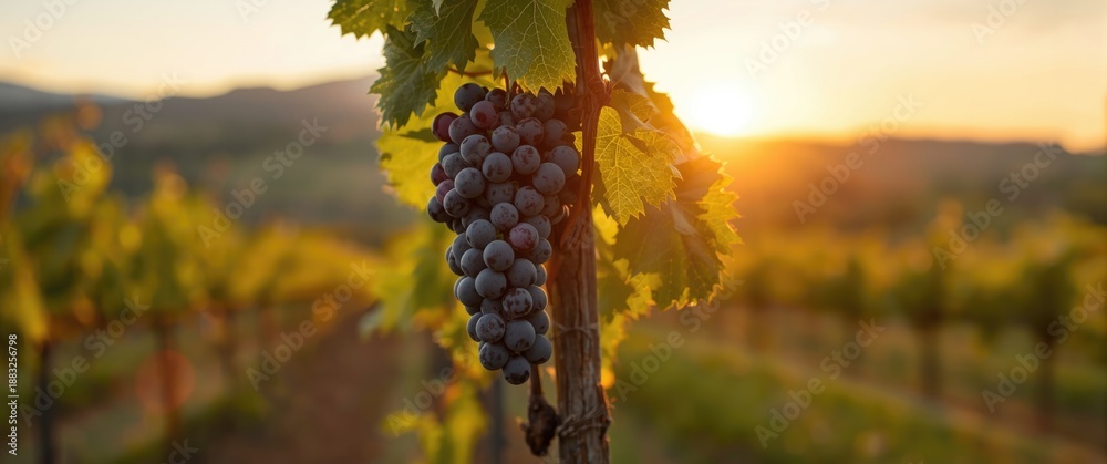 Naklejka premium Grapes Hanging From Vine Plant With Blurred Vineyard At Sunset