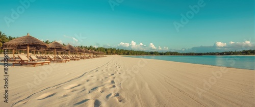 Panel kuchenny z motywem Rows of wooden deck chairs beneath straw beach umbrellas, footprints on sand, lush green vegetation in the background, and a clear blue sky with space for text