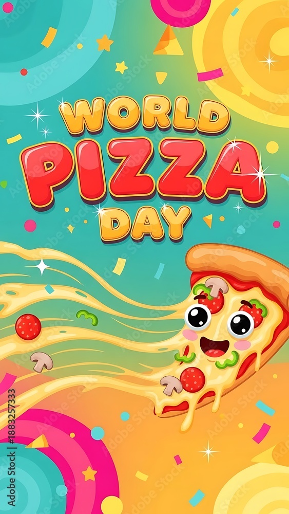 Fototapeta premium Celebrating World Pizza Day with a Happy Pizza Slice Illustration