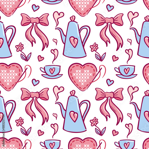 Tea pattern with hearts and ribbons, delicate porcelain cups and teapots, floral motifs and pastel tones, cozy vintage vibe for shower invitations, tableware and stationery
