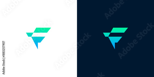 Abstract F letter geometric logo design with gradient colors on white and dark backgrounds