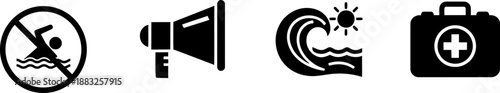 Beach safety icons, no swimming, lifeguard speaker, sunny waves, first aid kit
