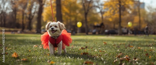 Tiny dog in a red dress par...