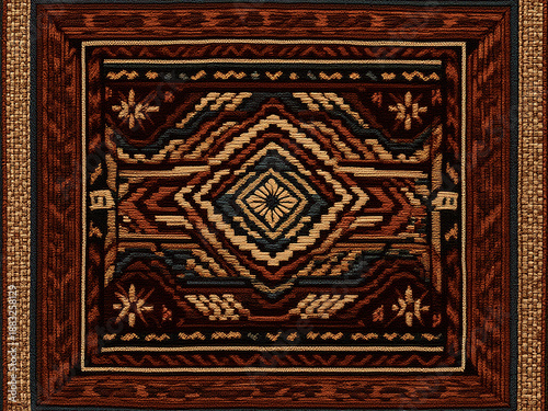 Traditionelle Teppichmuster: Detaillierte geometrische Designs mit zentralen Rautenmotiven in klassischen Erdtönen, die an kunstvolle Orientteppiche erinnern.KI Generiert