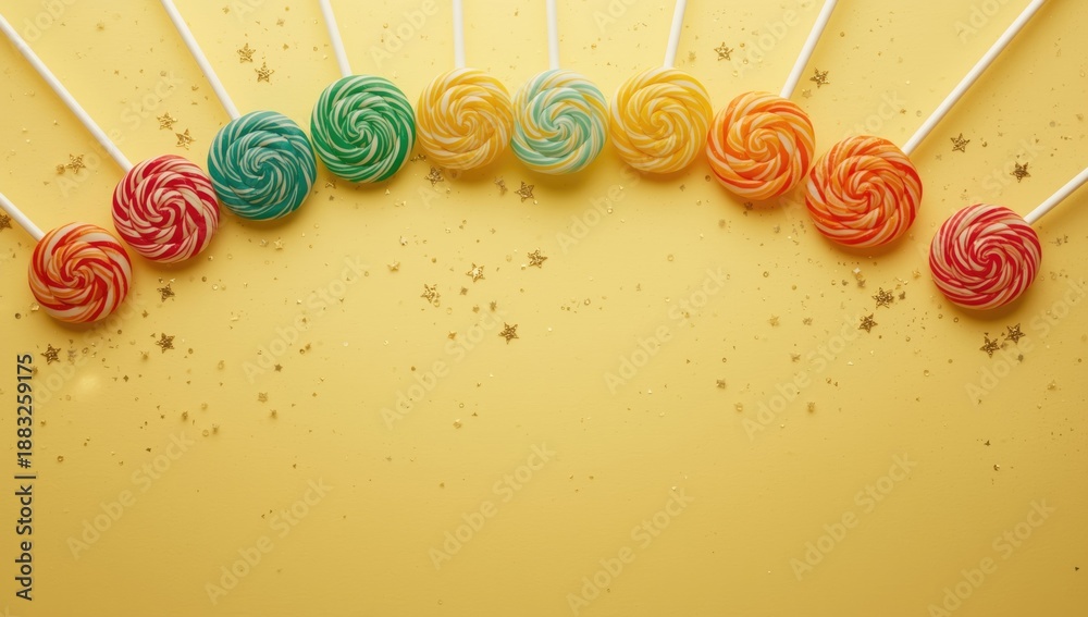 Obraz premium Rainbow-themed lollipop arrangement on bright yellow background with star accents, ideal for children's party decor