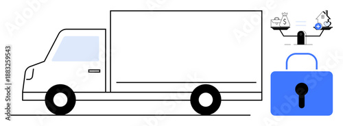 Logistics security. Logistics safeguarding assets in transit with a delivery truck, lock, and symbols of money and housing. Logistics ensures safe and efficient transportation. Useful for logistics