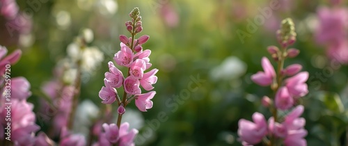 Garden with Pink Aquilegia ...