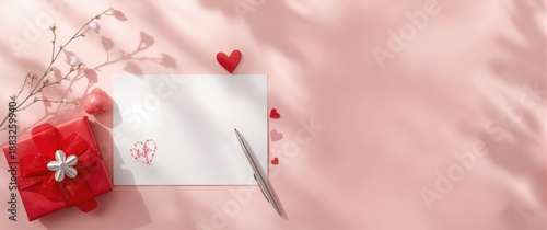 Message to loved one on a white sheet of paper, red envelope, gift box, sparkles, heart, pen on pink background