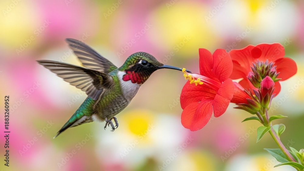 Obraz premium Tiny Hummingbird Sips Nectar From Red Flower