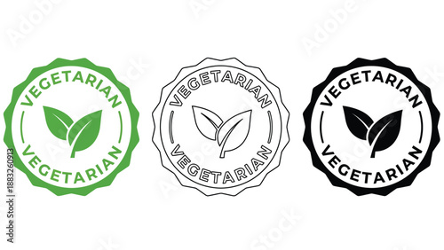 Three vegetarian logos with green, black and white color schemes on a white background