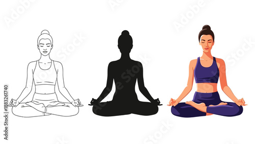 Collection of diverse artistic representations showing a woman practicing lotus position meditation including outline silhouette and full color vector illustration styles