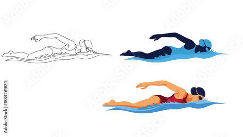 Vector illustration set displaying various styles of a female swimmer performing the freestyle crawl stroke in water variations including line art and color fills