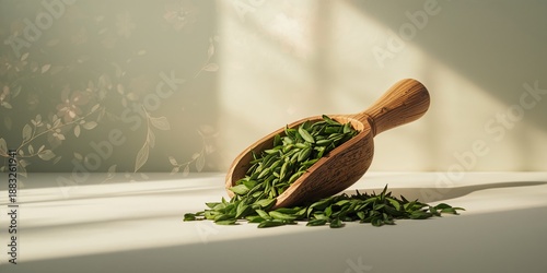Tea leaves and wooden scoop...