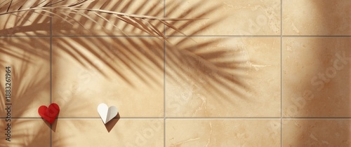 Paper hearts and palm branch shadow on tiled beige surface. Space for text.