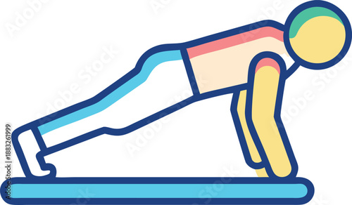 A colorful cartoon illustration of a man performing a push up exercise