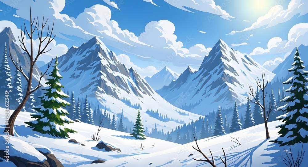 Fototapeta premium Snowy mountain landscape with evergreen trees and blue sky