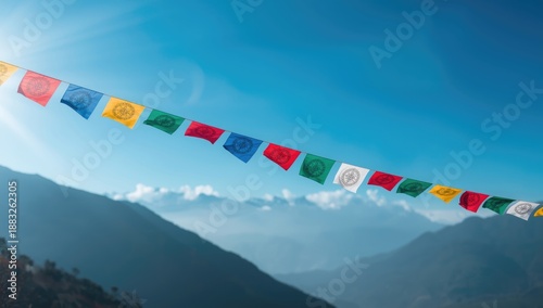 Vibrant Buddhist prayer flags in the Himalayas under a blue sky, emphasizing spiritual freedom and meditation, Zen-inspired scene