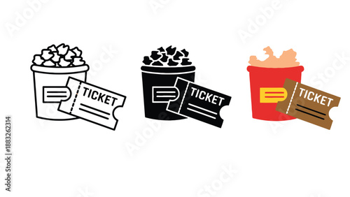 Colorful illustration of popcorn buckets with movie tickets on a white background