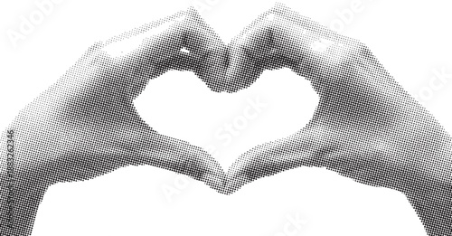 halftone hands forming heart shape with fingers on transparent background
