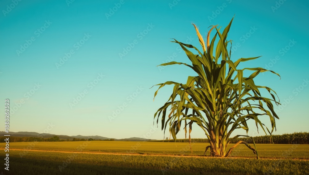 Fototapeta premium Tall corn tree with lush leaves under a cloudless blue sky, highlighting natural vegetation