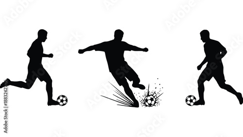 Three black silhouettes of soccer players kicking and running with soccer balls