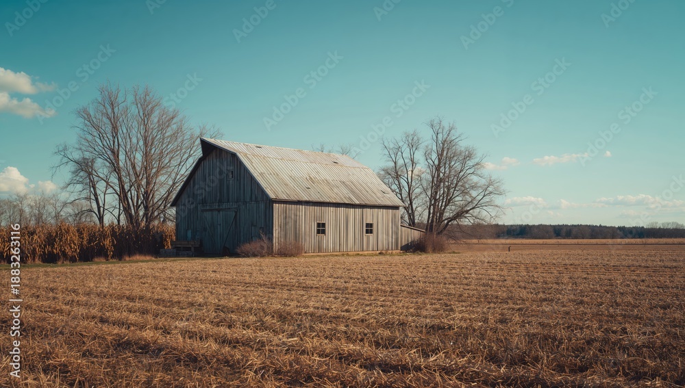 Obraz premium Rustic gray barn with metal roof amid dormant trees in a fallow cornfield under clear spring sky, agricultural setting