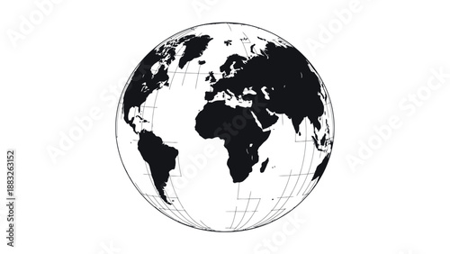 Black and white illustration of the Earth globe with continents and oceans.