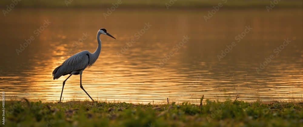 Fototapeta premium Crane Walking Near the Shoreline