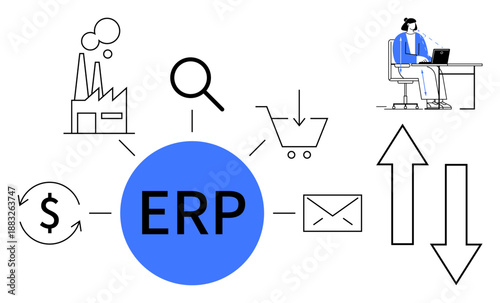 ERP system. Centralized ERP system with icons for manufacturing, finance, shopping, communication, and data flow. ERP streamlines operations and improves business efficiency. Perfect for business