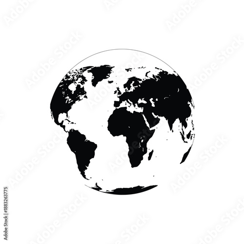 Black and white illustration of the world map, showing continents and oceans.