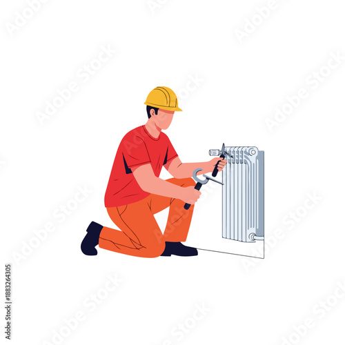 Worker Adjusting Radiator with Tool Kneeling.